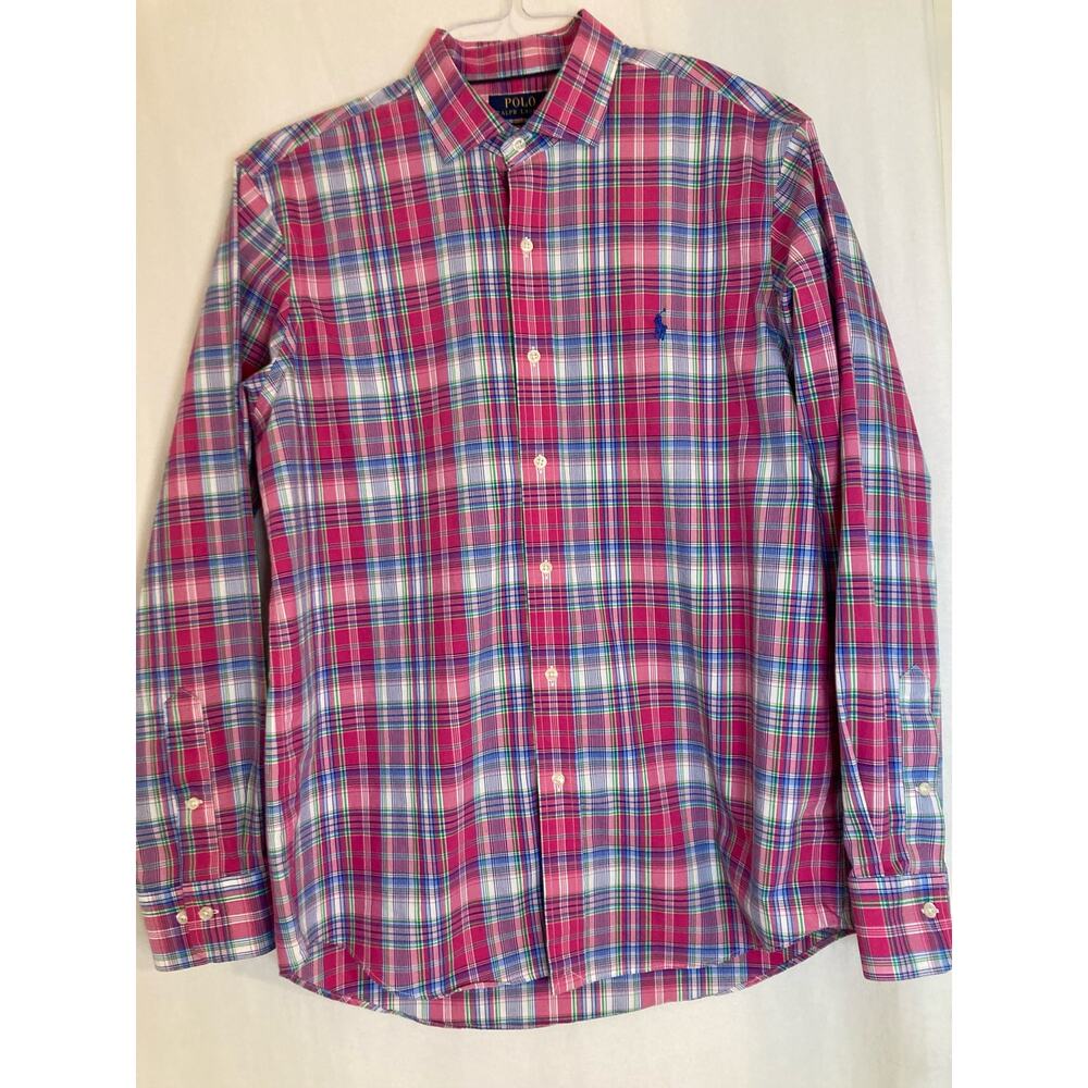 Polo Ralph Ralph Lauren Men Long Sleeve Button Up Non-Iron Size L Pink & Blue